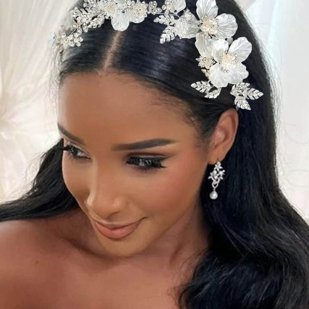 COPY - Flower Bride Wedding Headband Silver Floral Hair Vine Leaf Bridal Headpi…